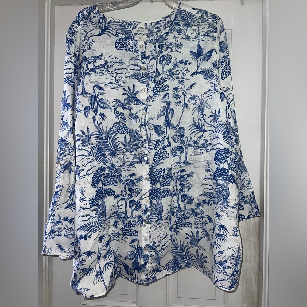 Blue and White Floral Button-Up Blouse